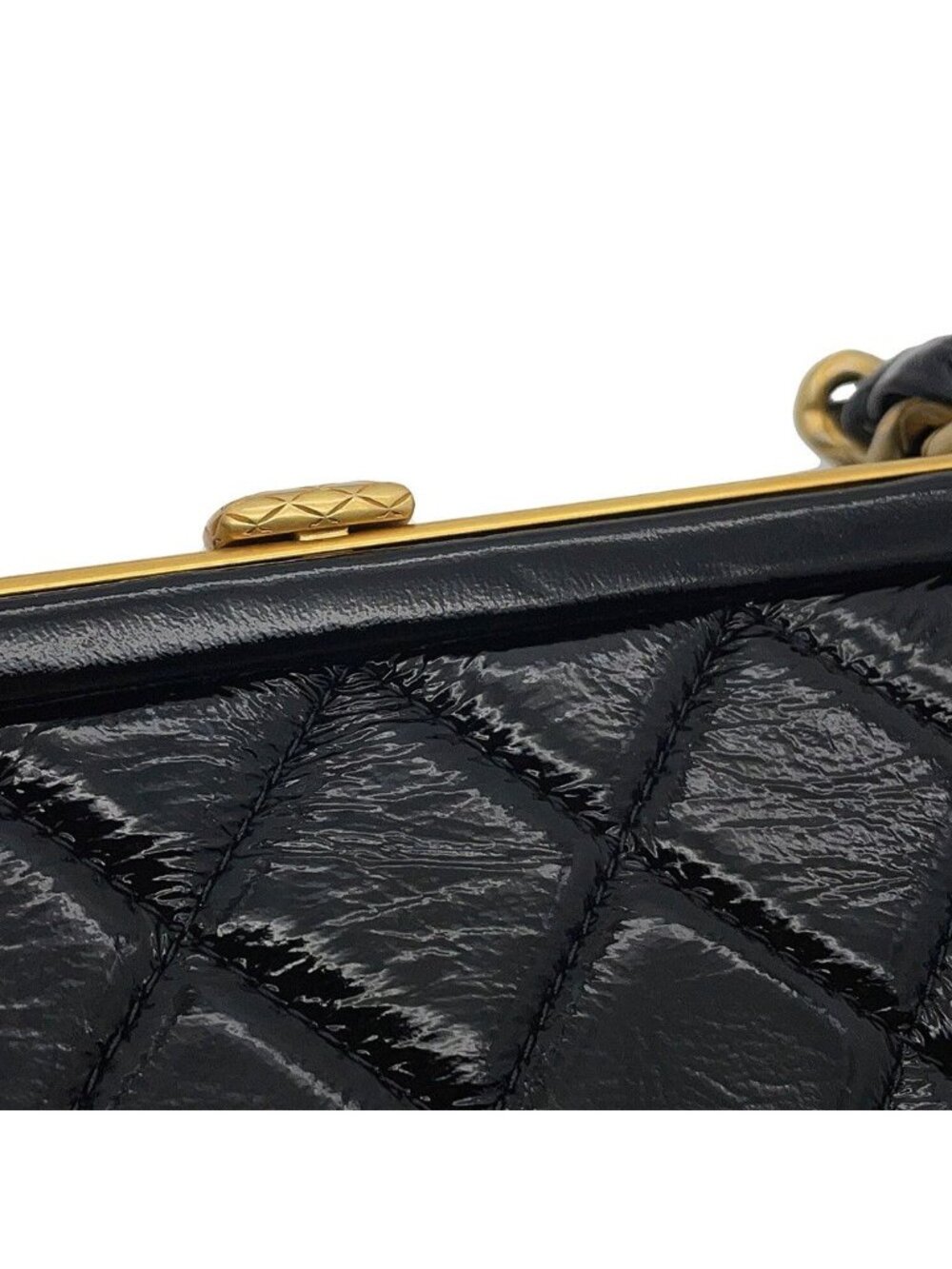 Chanel Shoulder Bag Quilted CC Logo Ribbon Chain Clutch Patent Black - Picture 8 of 10